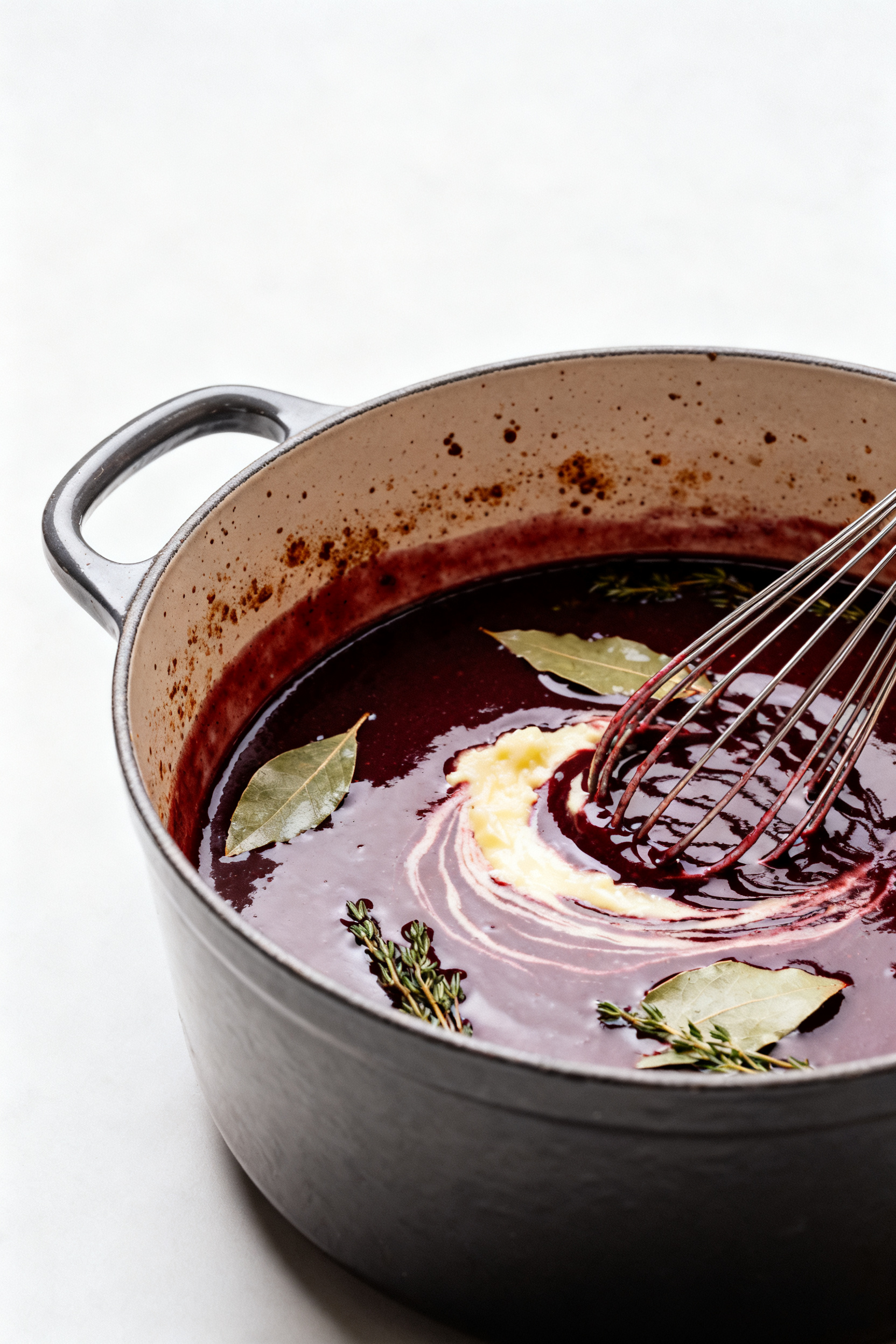 Cooking process beauty shot: The reduction and thickening stage in a heavy Dutch oven—silky red wi