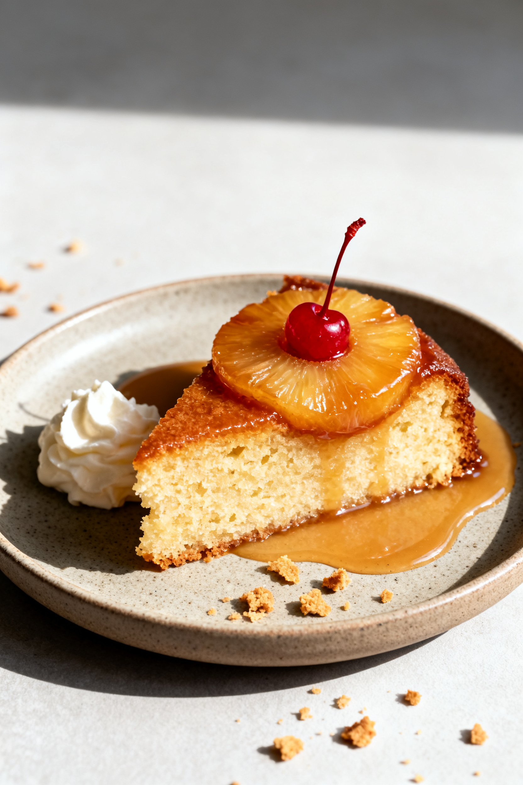 Final plated dessert: Single slice of pineapple upside down cake on a small matte stoneware plate, t