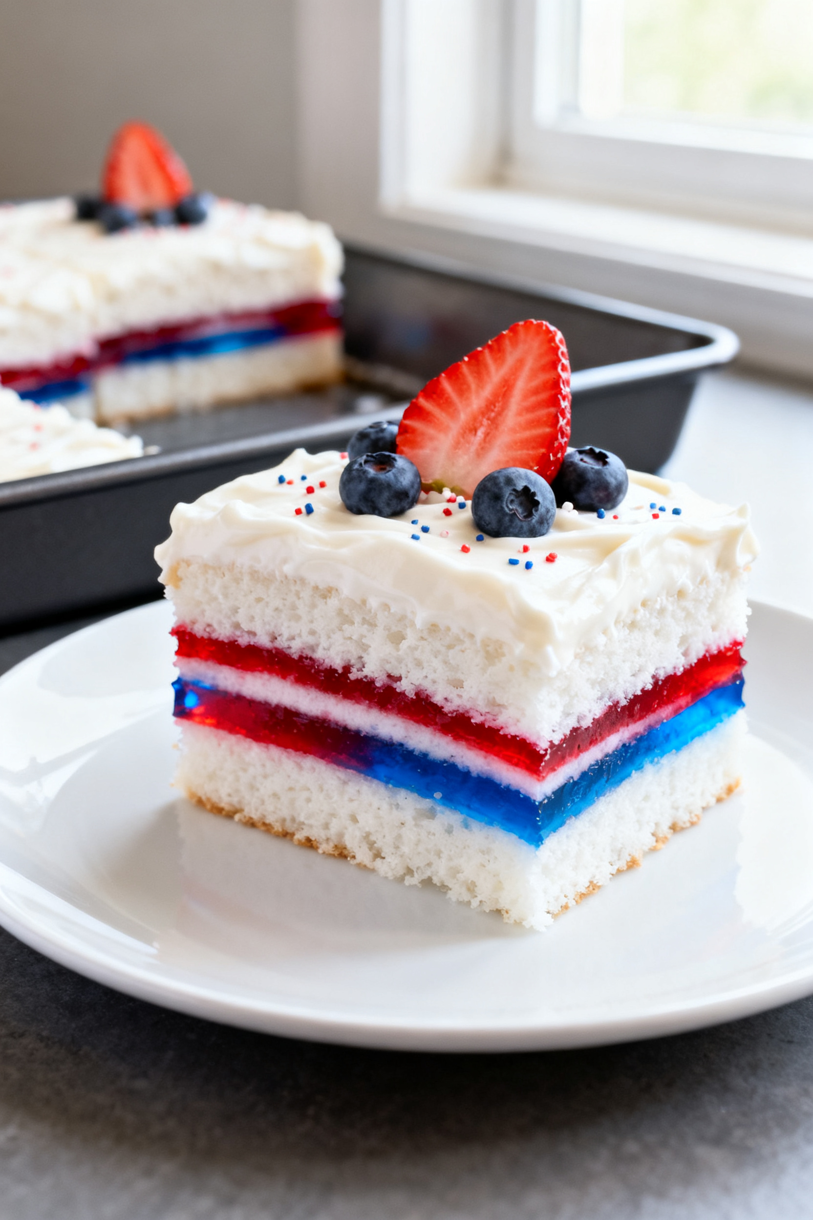 Final plated presentation: A pristine, bakery-clean slice of the poke cake on a simple white dessert