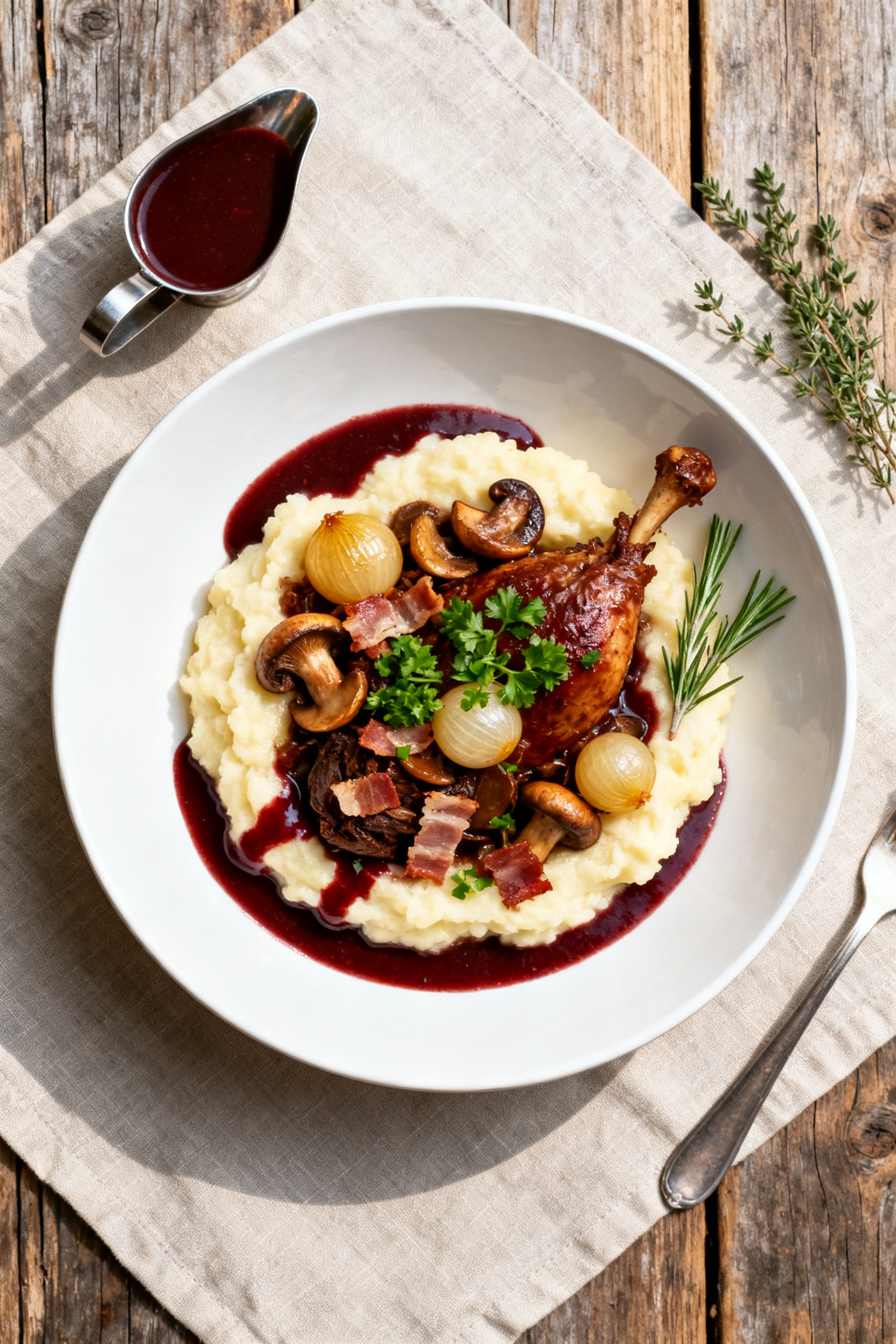 Overhead “tasty top view”: Final coq au vin plated over buttery mashed potatoes in a wide, shall