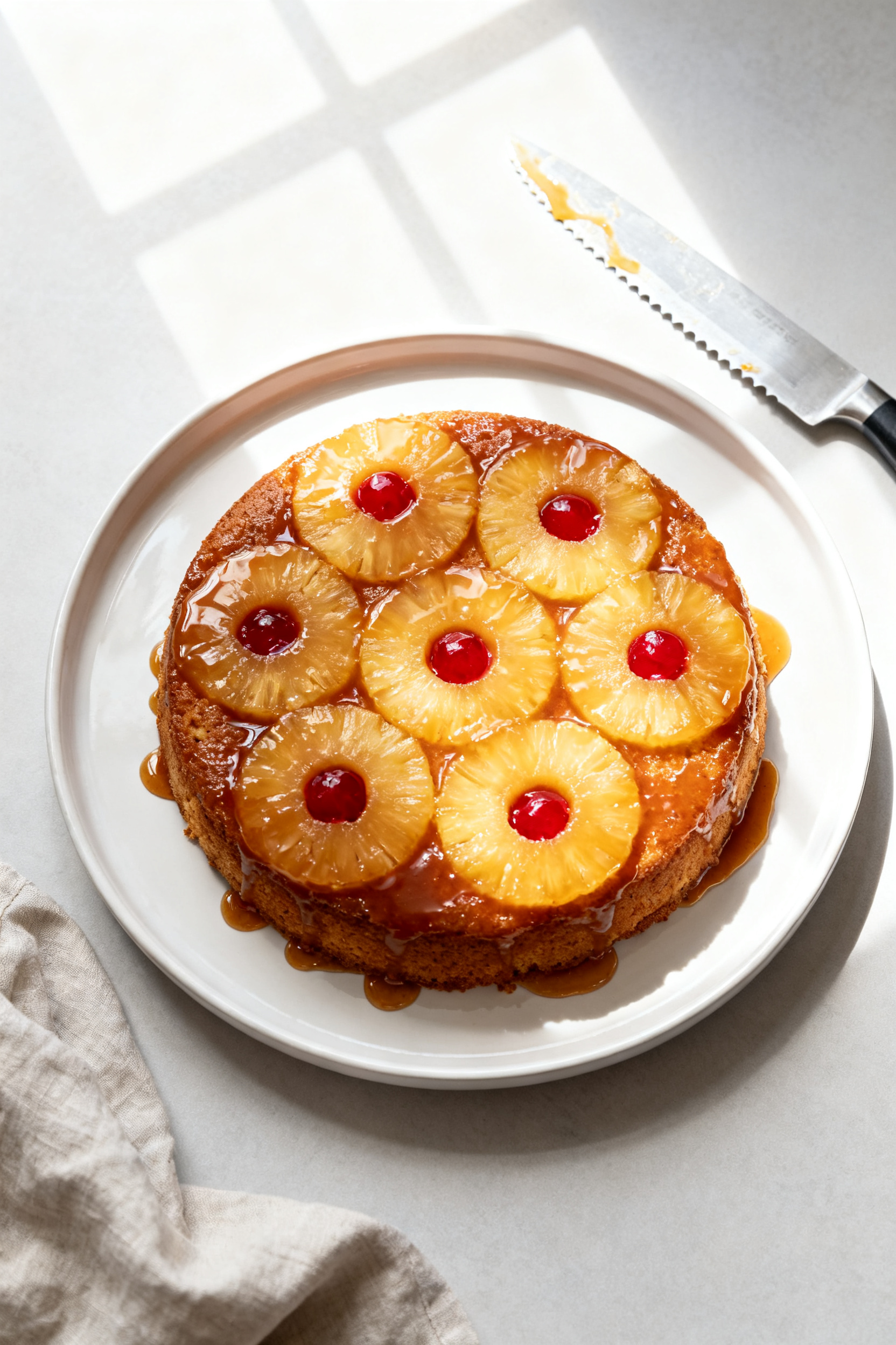 Tasty top view: Overhead shot of a freshly inverted pineapple upside down cake on a white ceramic se