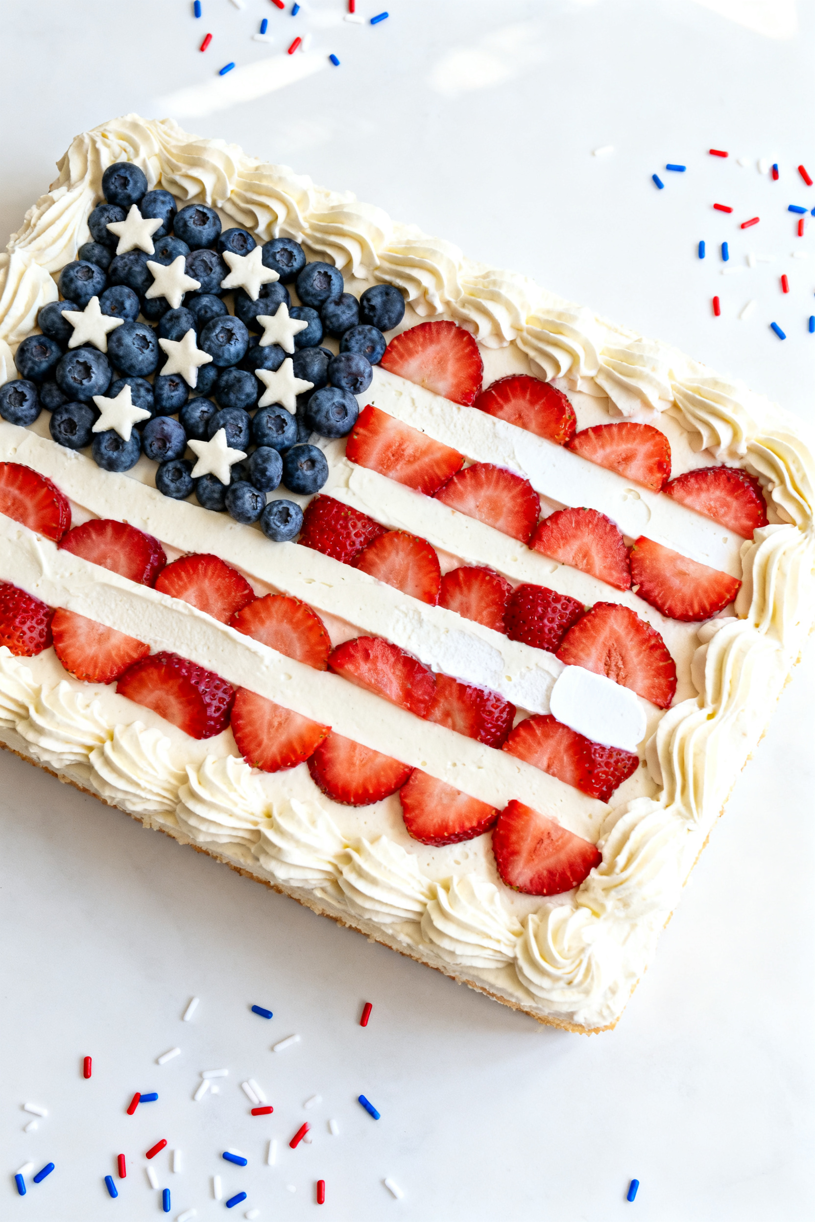 Tasty top view: Overhead shot of the fully chilled and frosted 4th of July poke cake, smooth, fluffy
