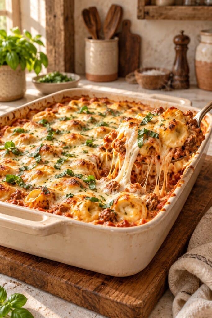 Baked tortellini casserole with melted mozzarella and basil, one serving scooped out showing the creamy meat sauce