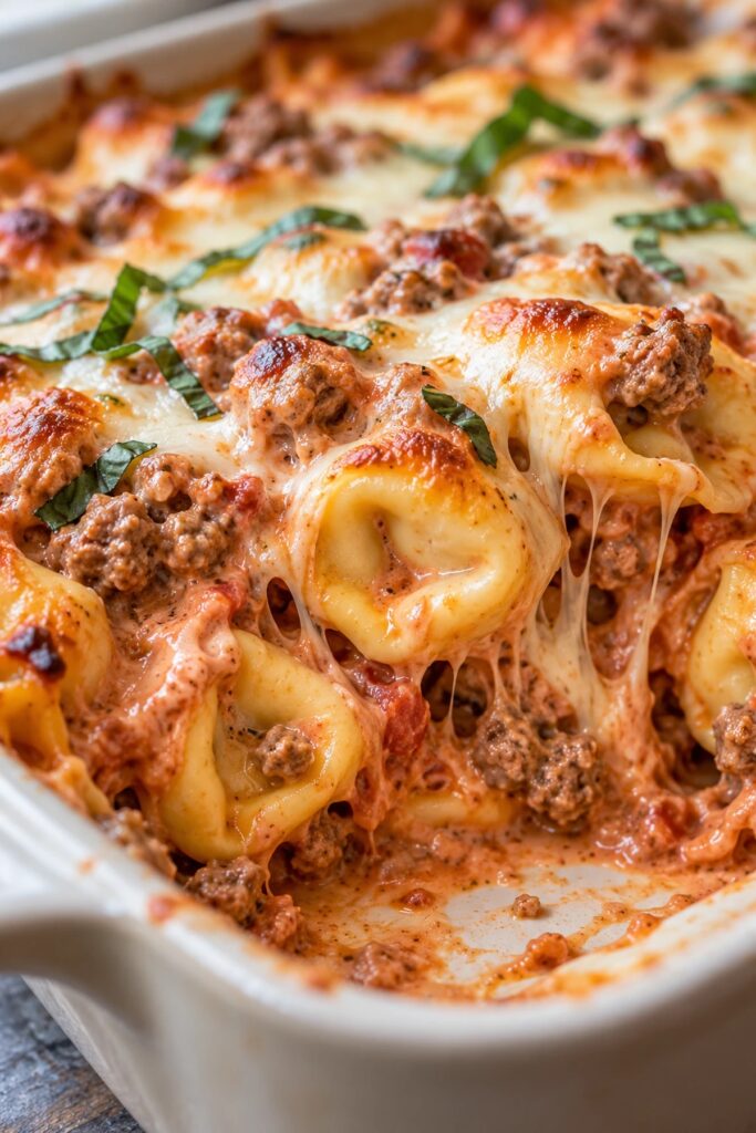 Close-up of baked tortellini casserole showing cheese tortellini, creamy meat sauce and melted mozzarella