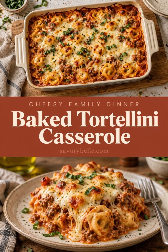 Cheesy baked tortellini casserole with meat sauce and basil