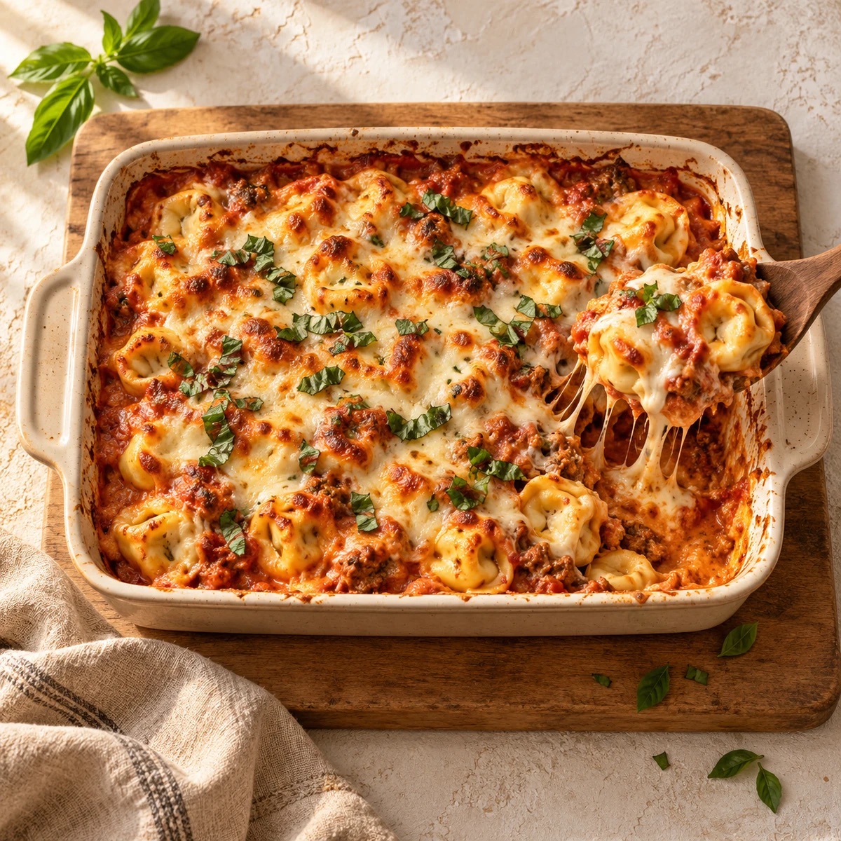 Baked tortellini casserole in a baking dish with melted mozzarella and basil