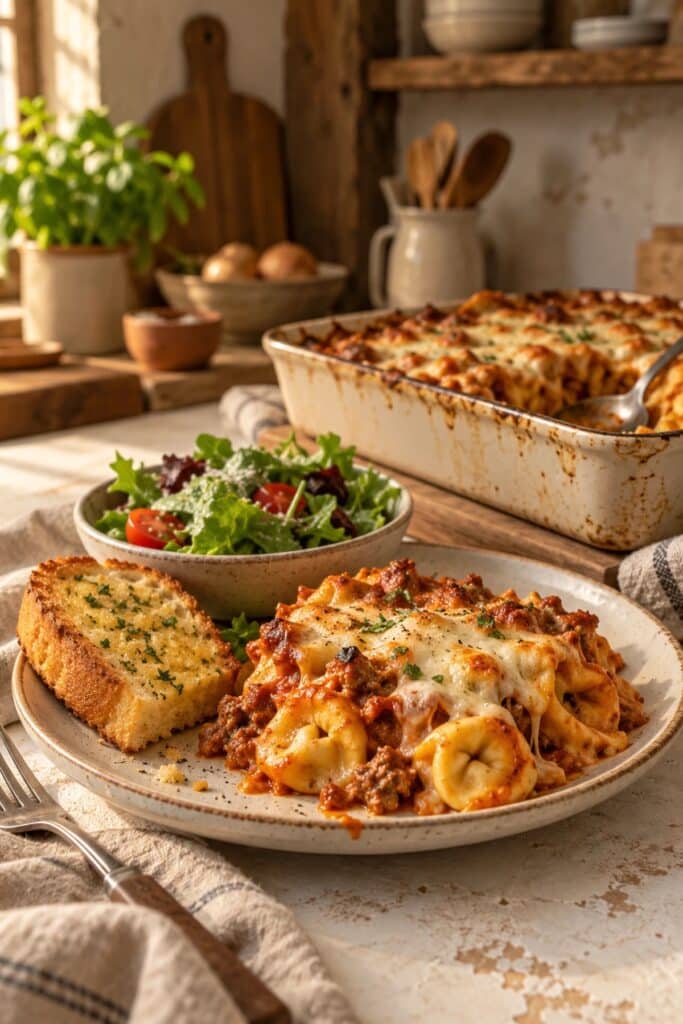 Serving of baked tortellini casserole on a plate with garlic bread and salad