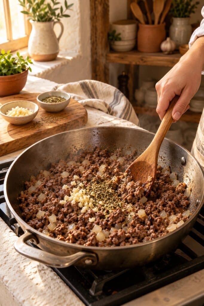 Browning ground beef with diced onion in a skillet