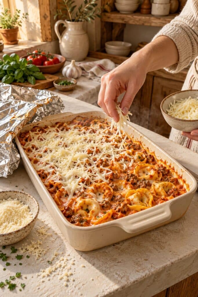 Sprinkling shredded mozzarella over the tortellini casserole before the final bake