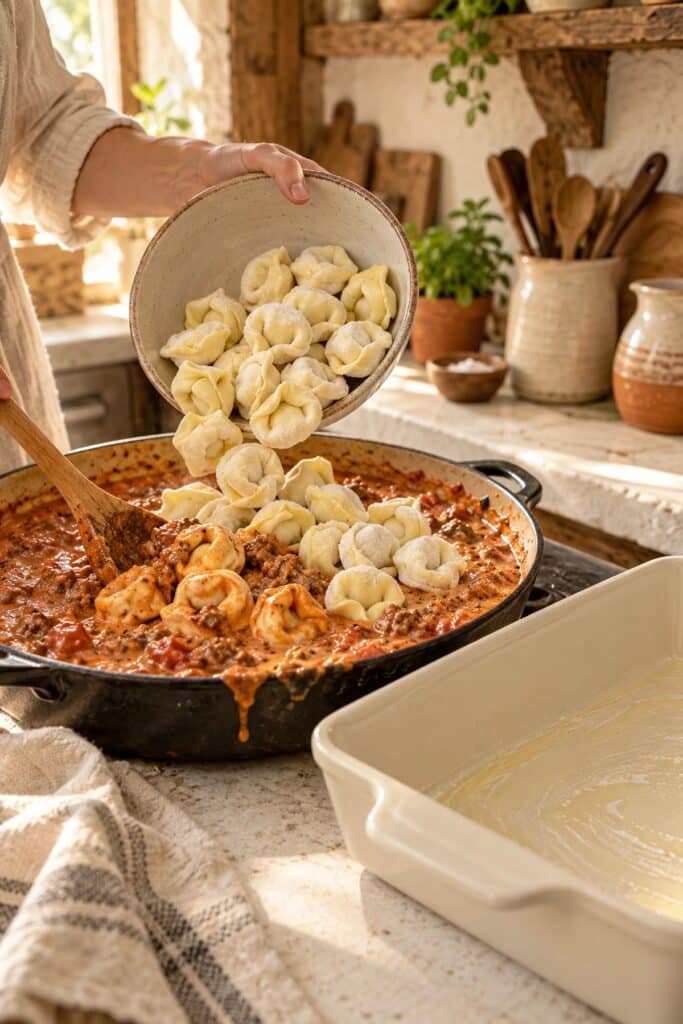 Stirring frozen cheese tortellini into the creamy tomato meat sauce