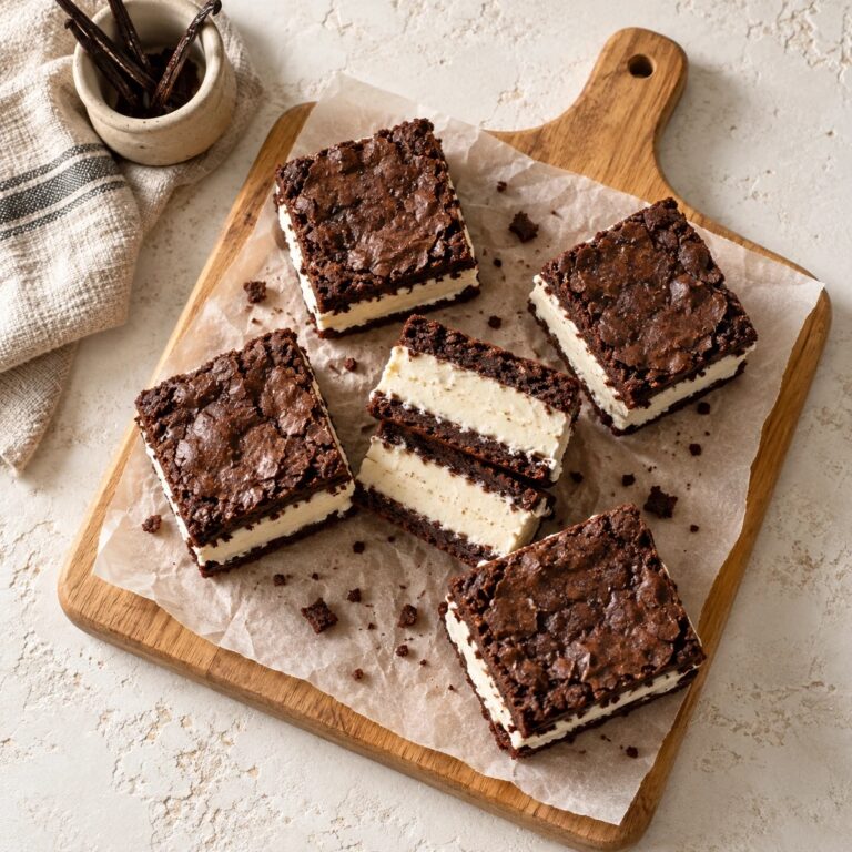 Brownie ice cream sandwiches cut from one slab on a wooden board