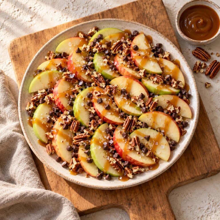 Caramel apple nachos on a stoneware platter with caramel, chocolate chips and pecans