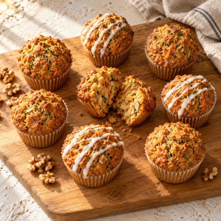 Carrot cake zucchini muffins with cream cheese drizzle on a wooden board