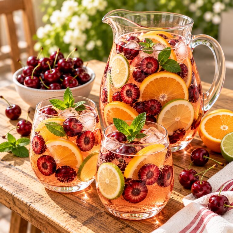 Cherry sangria in a glass pitcher with two glasses, cherries and citrus on a wooden table