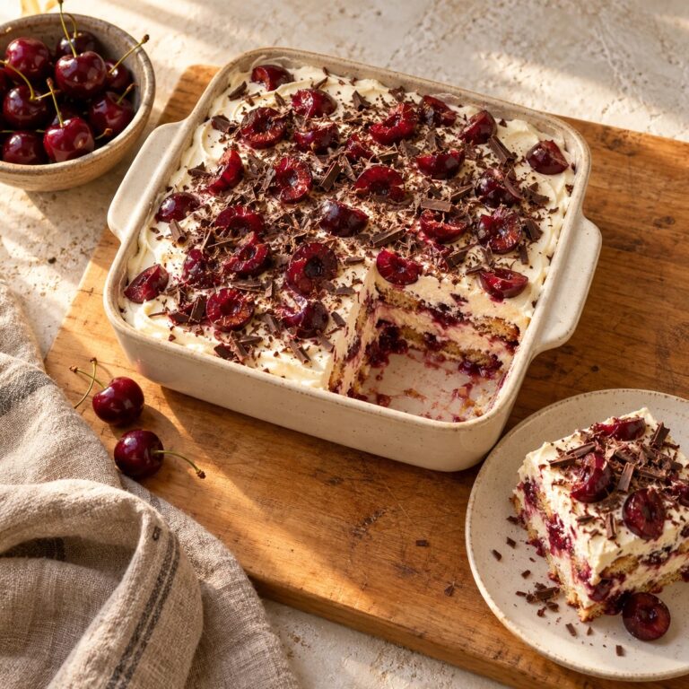 Cherry tiramisu in a square stoneware dish with fresh cherries and chocolate shavings