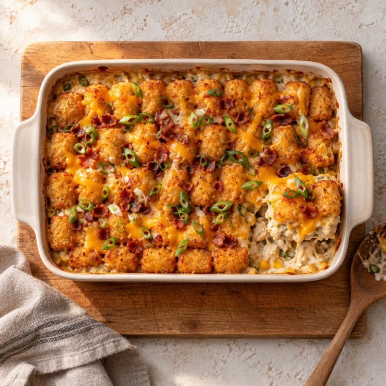 Chicken tater tot casserole in a baking dish with crispy tots, cheddar and bacon