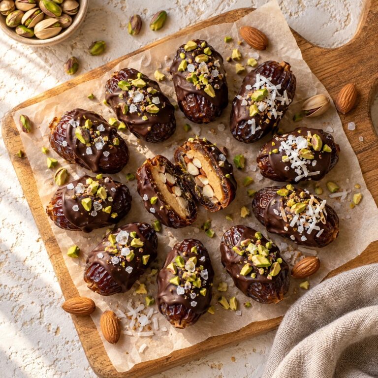 Chocolate covered dates with pistachios and sea salt on a wooden board