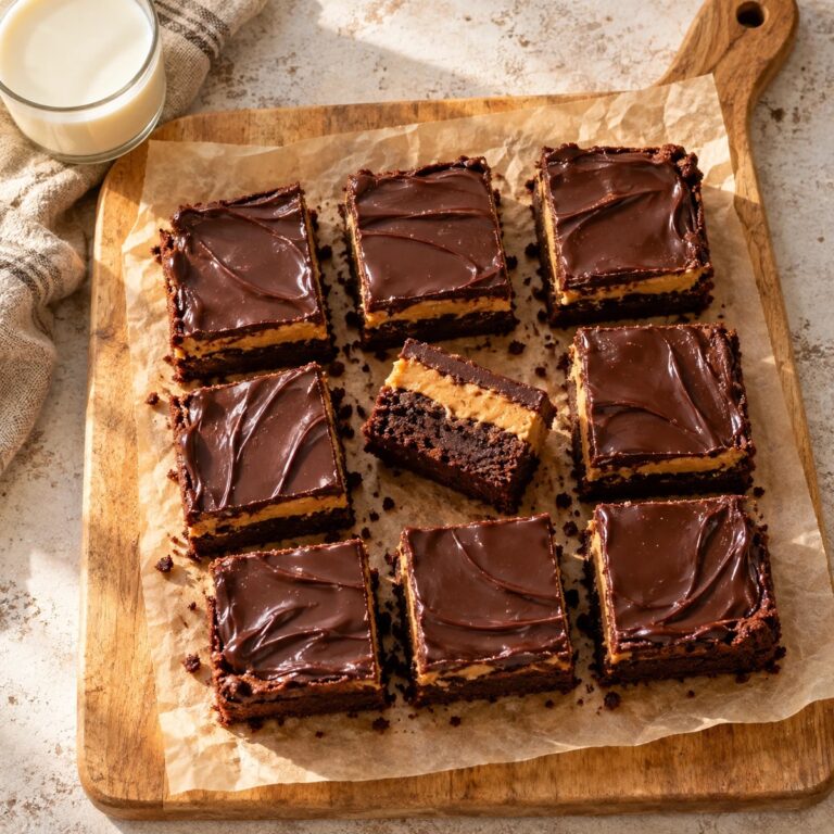 Chocolate peanut butter brownies cut into squares on a wooden board