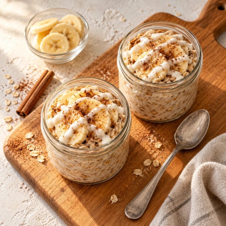 Two jars of cinnamon roll overnight oats with banana slices and cream cheese icing