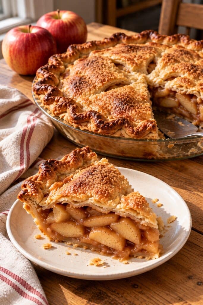 Classic apple pie with a golden double crust and one slice cut out showing the apple filling