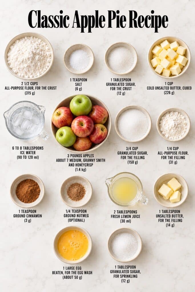 Classic apple pie ingredients with quantities for the crust, filling and topping