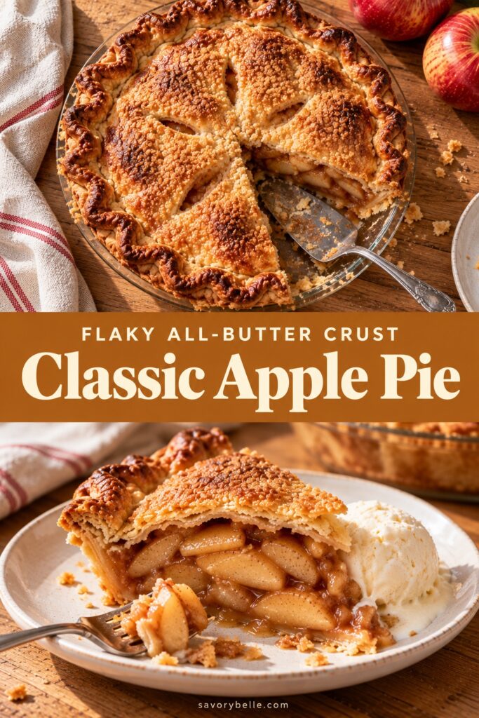 Classic apple pie with a flaky golden crust and a slice of apple filling on a plate