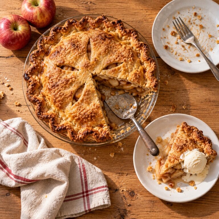 Classic apple pie in a glass pie plate with a slice of apple filling and vanilla ice cream
