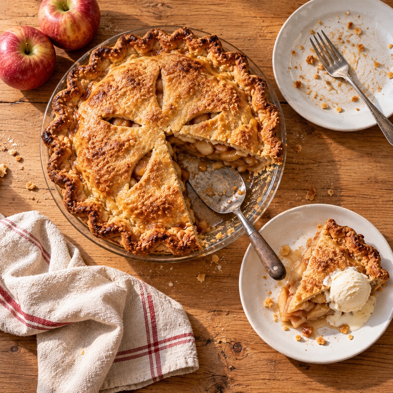 Classic apple pie in a glass pie plate with a slice of apple filling and vanilla ice cream