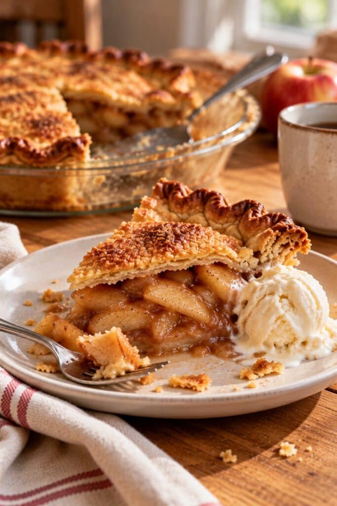 Slice of apple pie with vanilla ice cream on a white plate at a fall table
