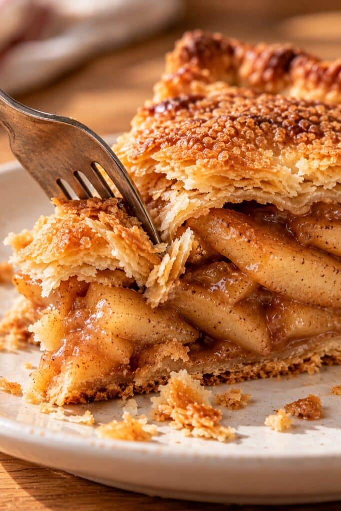 Close-up of an apple pie slice showing layered apples and a flaky crust