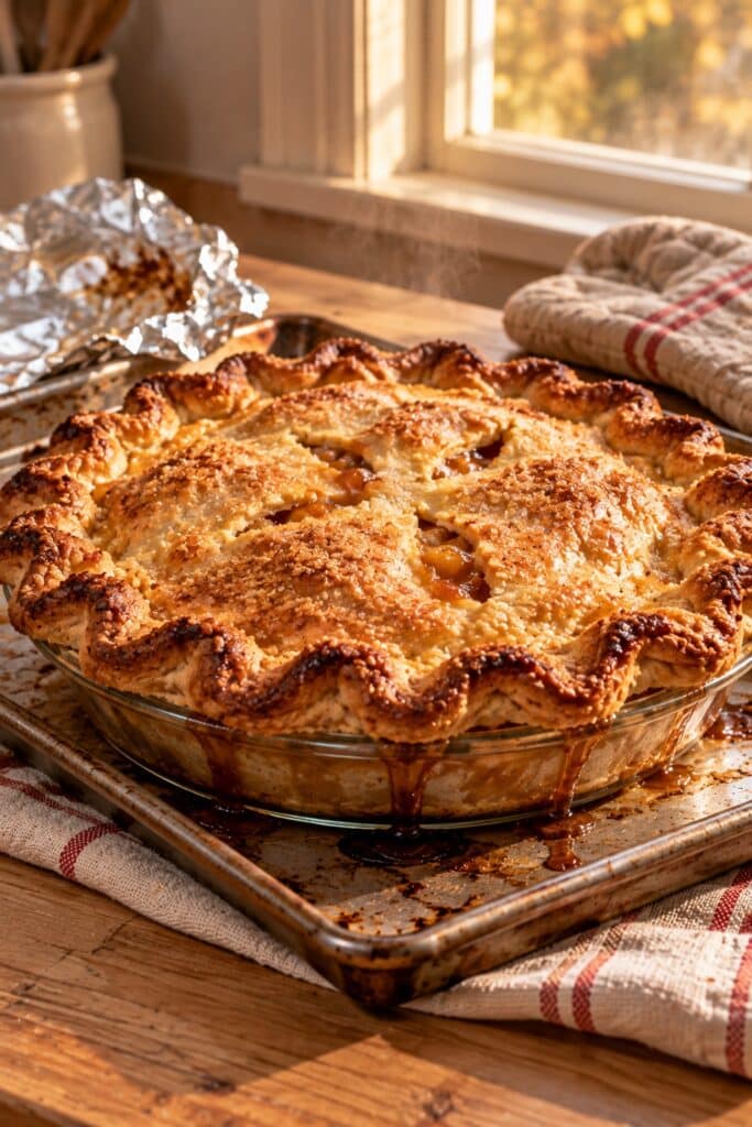 Freshly baked apple pie with thick juices bubbling through the vents in the golden crust