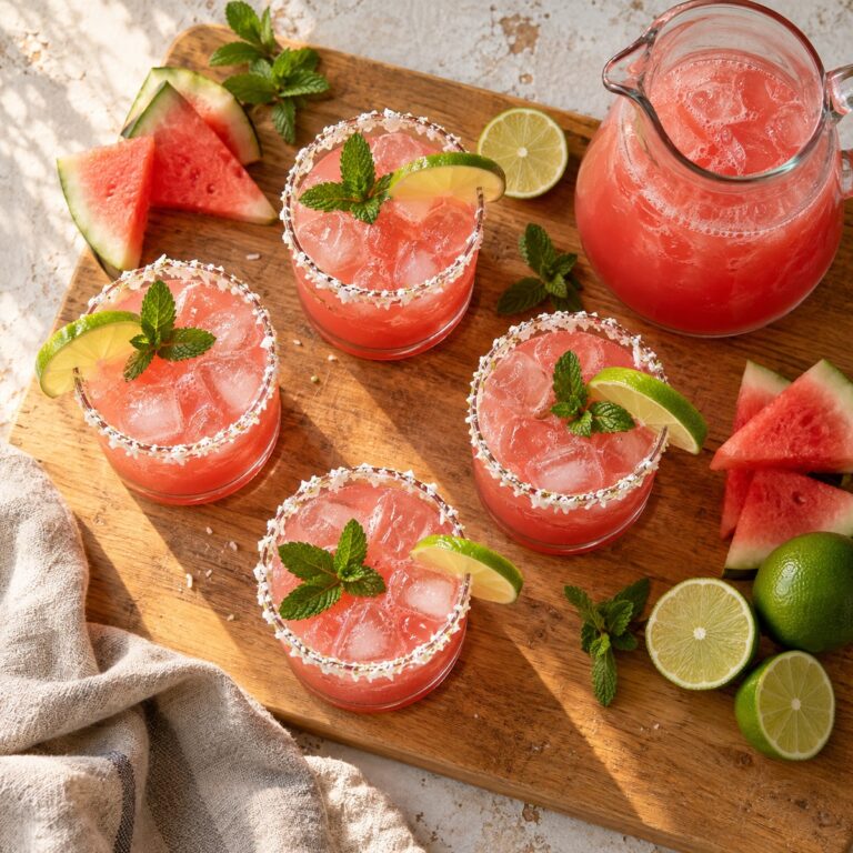 Coconut watermelon margaritas with coconut salt rims on a wooden board