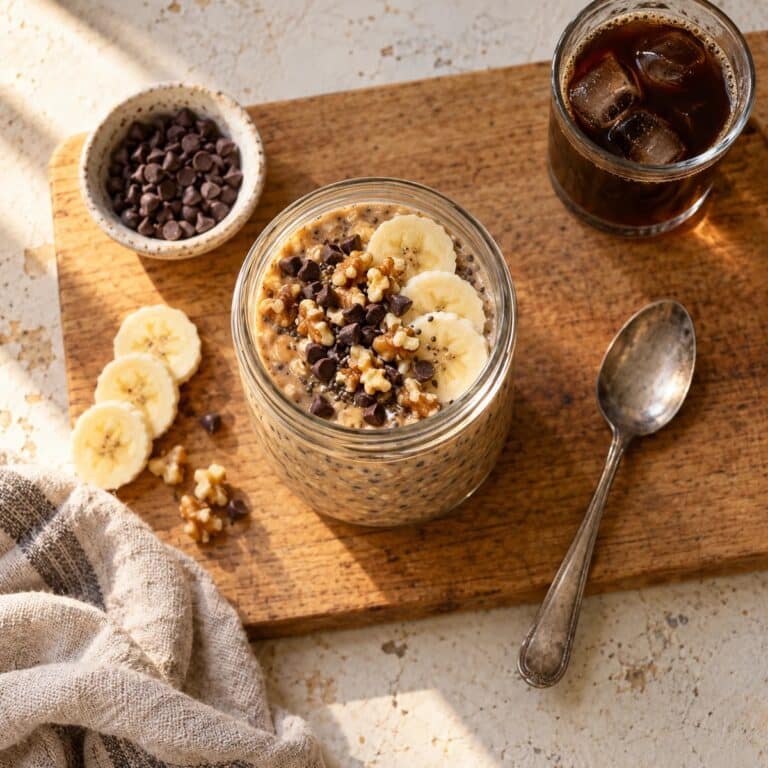 A jar of coffee overnight oats topped with chocolate chips, walnuts and banana slices
