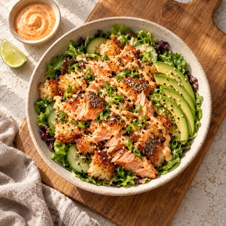 Crispy rice salmon salad in a stoneware bowl with avocado, cucumber and spicy mayo