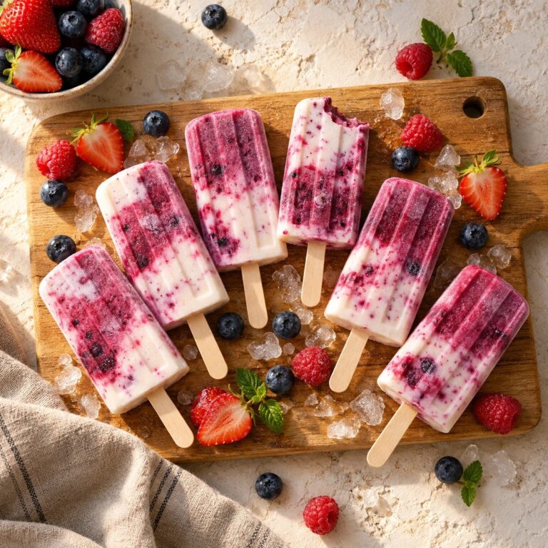 Homemade berry yogurt popsicles with fresh berries on a wooden board