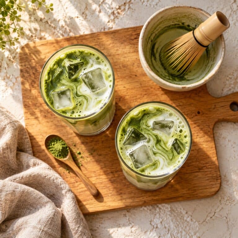 Two iced matcha lattes with a bamboo whisk on a wooden board