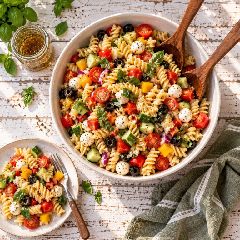 Italian pasta salad in a white bowl with wooden servers on a summer table