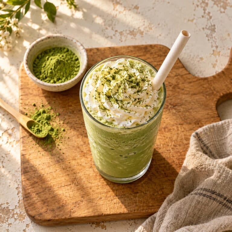 Matcha frappuccino topped with whipped cream and matcha, seen from above