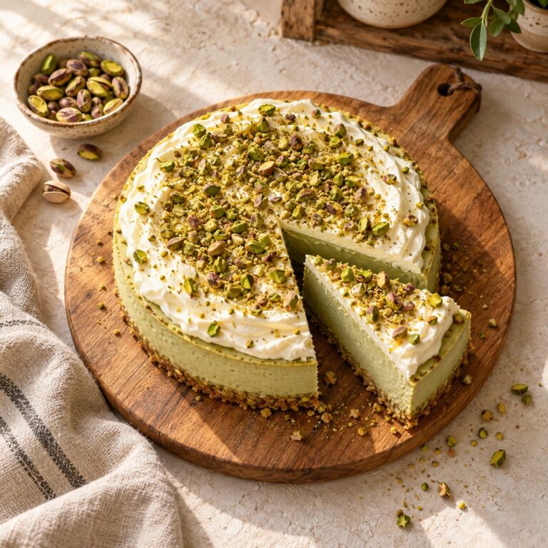 Matcha pistachio cheesecake with whipped cream and pistachios on a wooden board