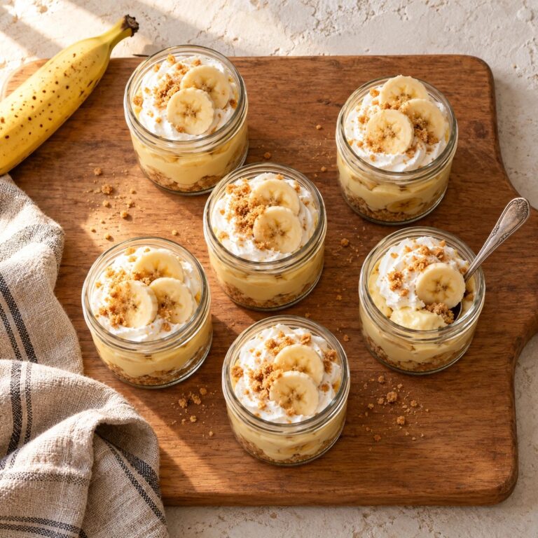 Mini banana cream pies in glass jars topped with whipped cream and banana slices