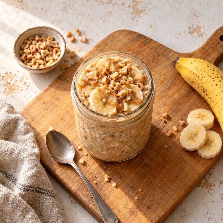A jar of peanut butter banana overnight oats topped with banana slices and chopped peanuts