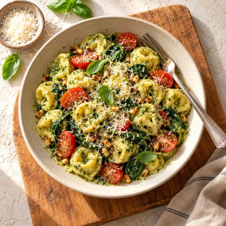 Bowl of pesto tortellini with cherry tomatoes, spinach, Parmesan and basil