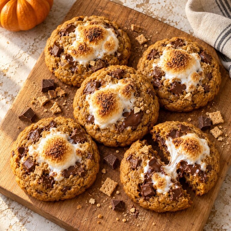 Pumpkin s'mores cookies with toasted marshmallows seen from above, one broken in half