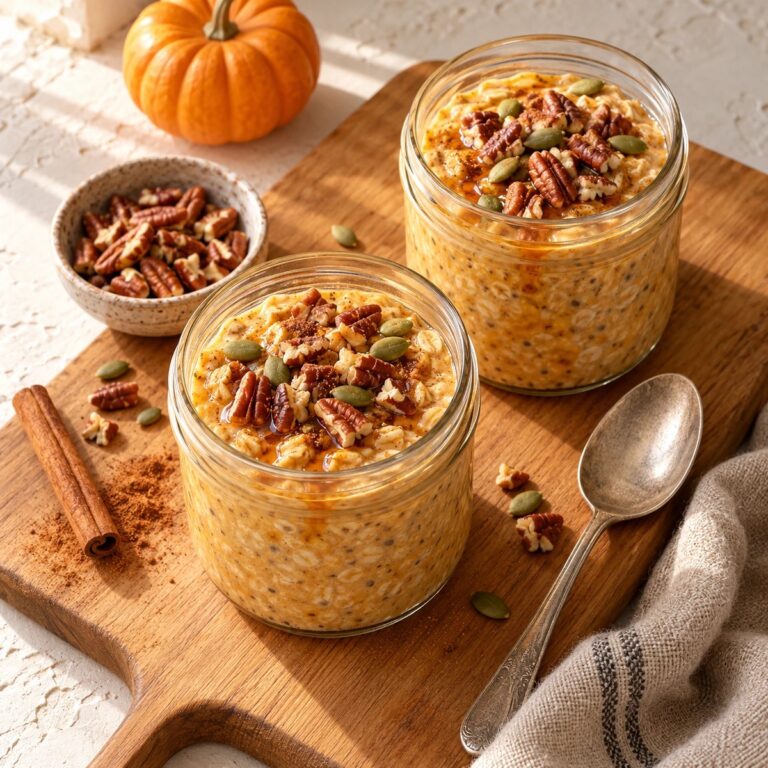 Two jars of pumpkin spice overnight oats topped with pecans, pumpkin seeds and maple syrup