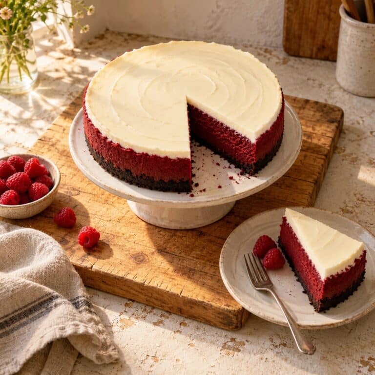 Red velvet cheesecake with one slice cut out, seen from above, on a cake stand