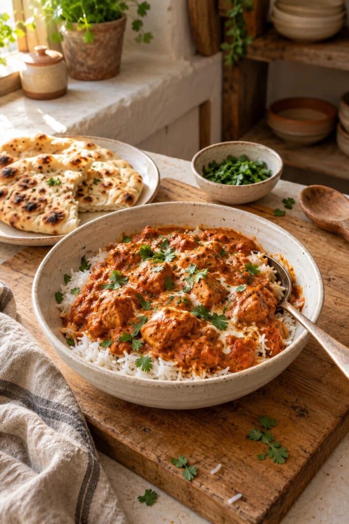 A bowl of slow cooker butter chicken over basmati rice with cilantro and naan