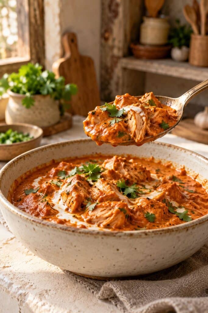 Close-up of tender chicken pieces coated in creamy orange butter chicken sauce with cilantro