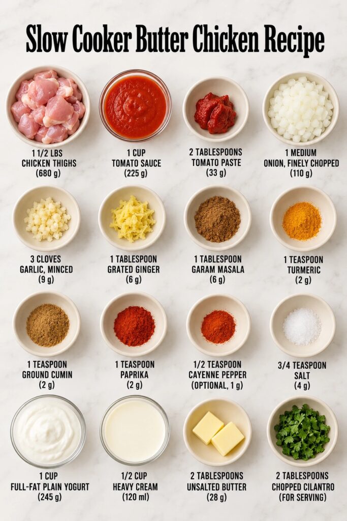 Slow cooker butter chicken ingredients with quantities: chicken thighs, tomato sauce, yogurt, cream, butter and spices
