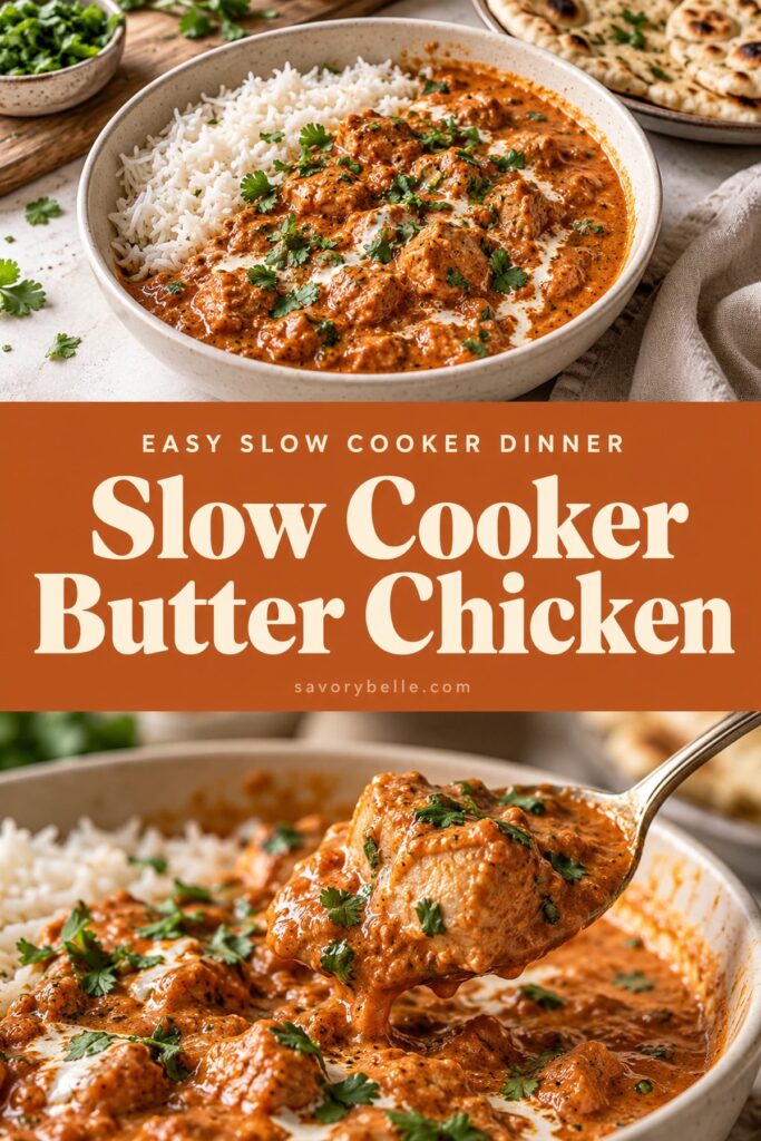 Slow cooker butter chicken in a bowl with basmati rice and cilantro