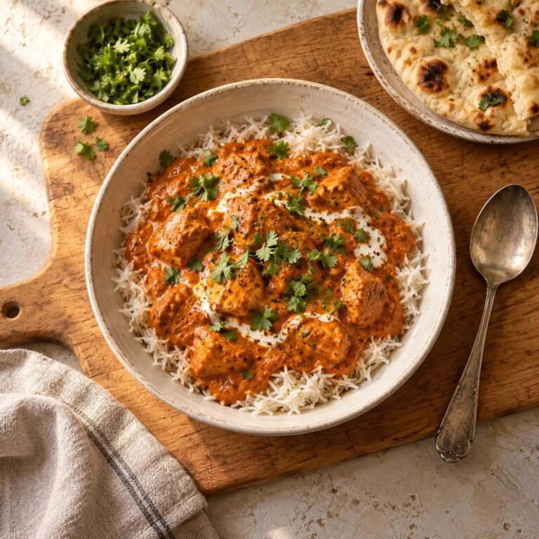 A bowl of slow cooker butter chicken over basmati rice with cilantro
